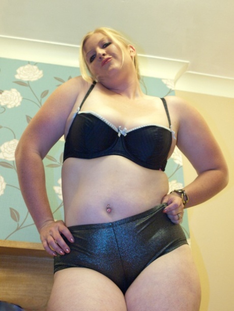 Thick blonde amateur Samantha strips to black over the knee boots